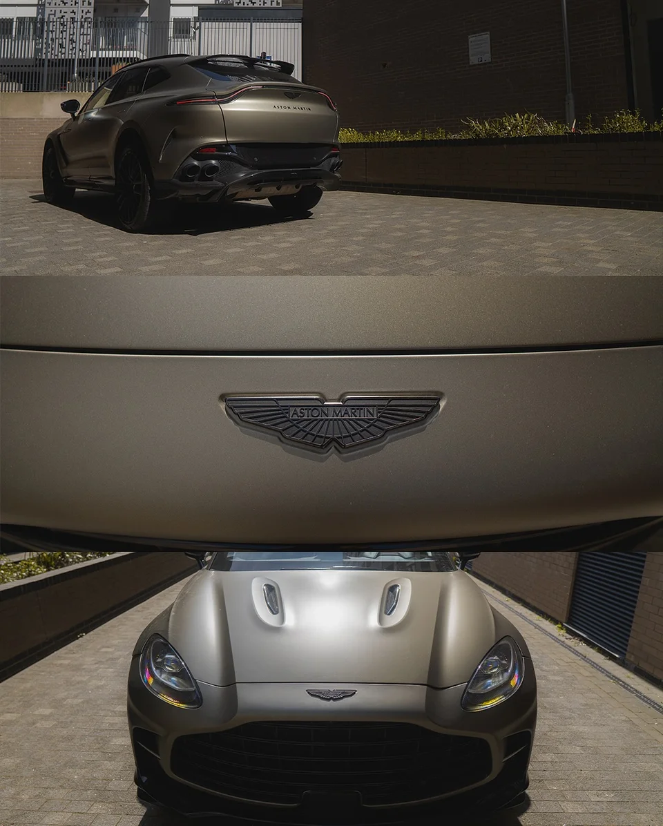 Rear view, badge detail and front view of an Aston Martin DBX707 after repair