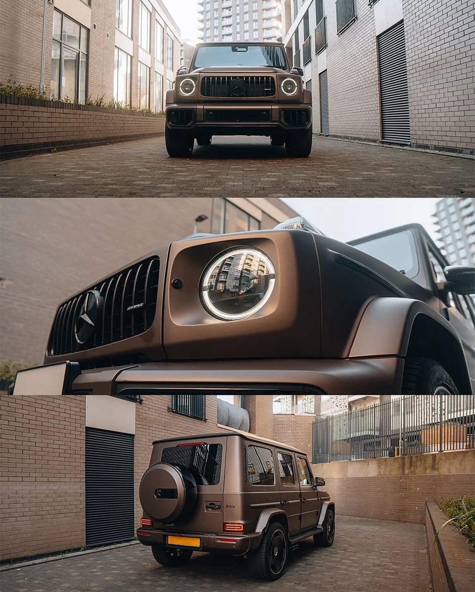 Three views of a bronze Mercedes-Benz G-Class from Dents UK